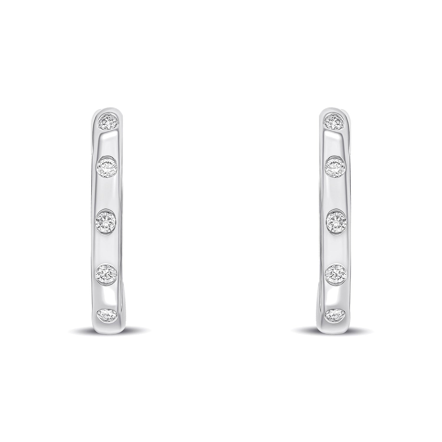 18ct White Gold Round Natural Diamond Flush Set Oval Hinged Huggie Hoop Earrings