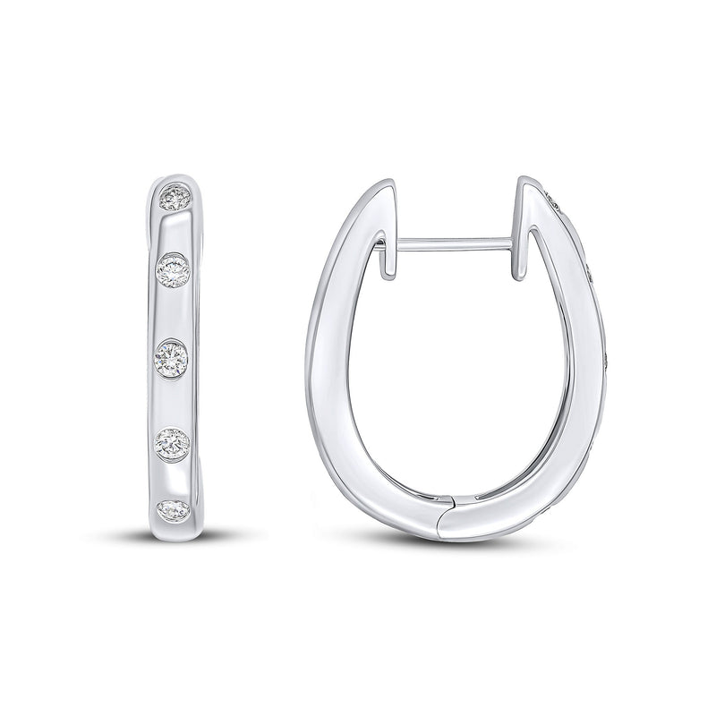18ct White Gold Round Natural Diamond Flush Set Oval Hinged Huggie Hoop Earrings