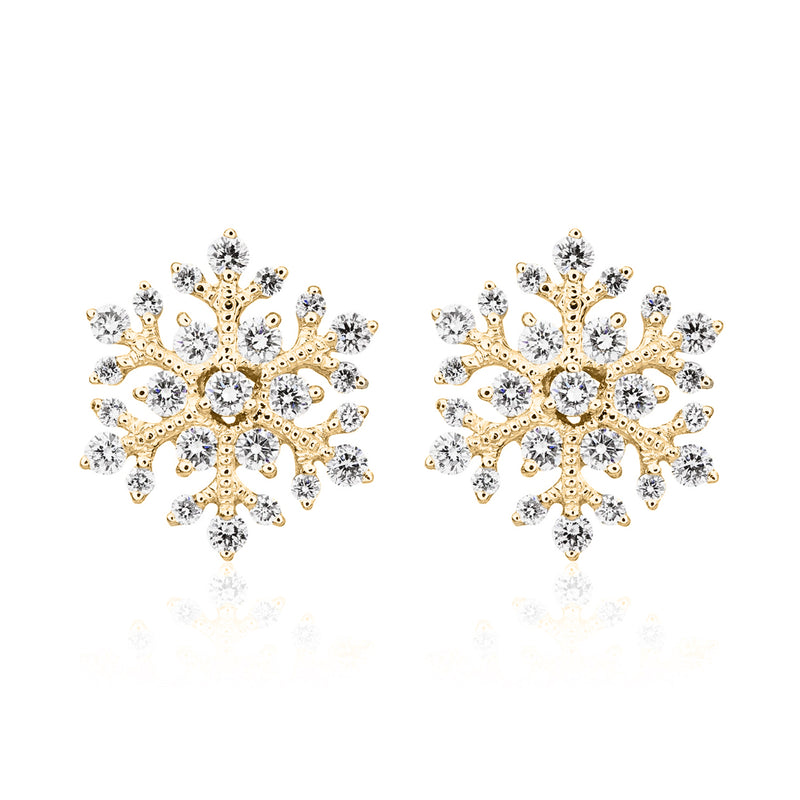 18ct Yellow Gold Natural Diamond Snowflake Stud Earrings — 12mm