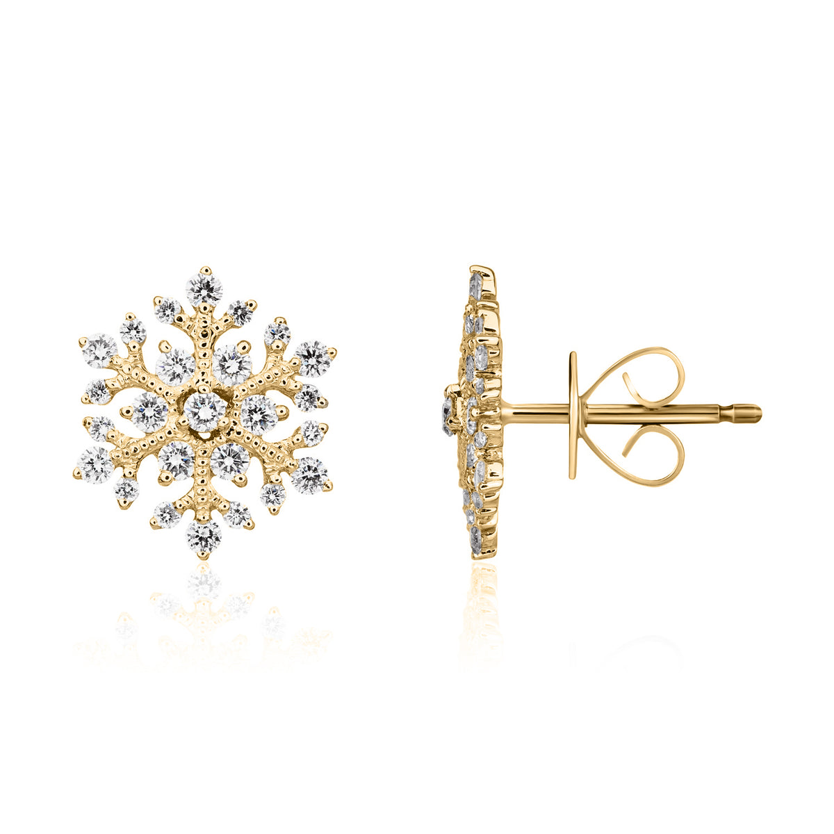 18ct Yellow Gold Natural Diamond Snowflake Stud Earrings — 12mm