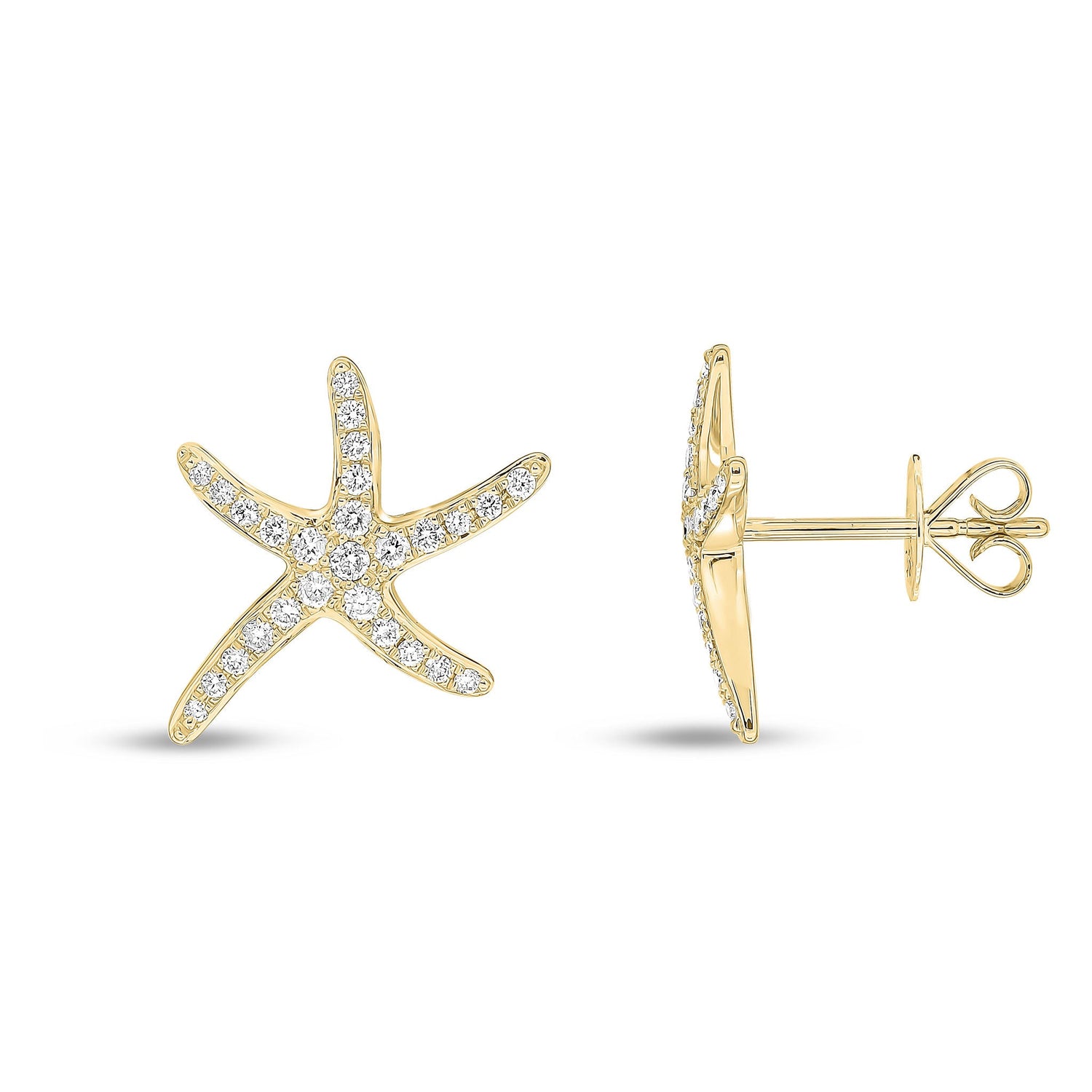 18ct Yellow Gold Natural Diamond Pave Set Starfish Stud Earrings — 13mm