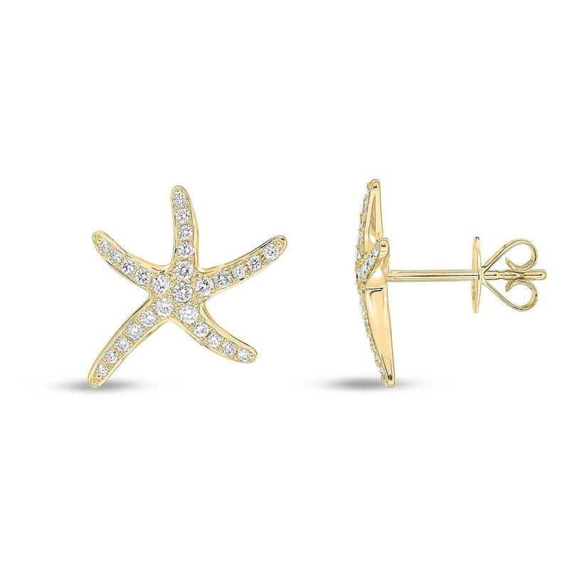 18ct Yellow Gold Natural Diamond Pave Set Starfish Stud Earrings — 13mm