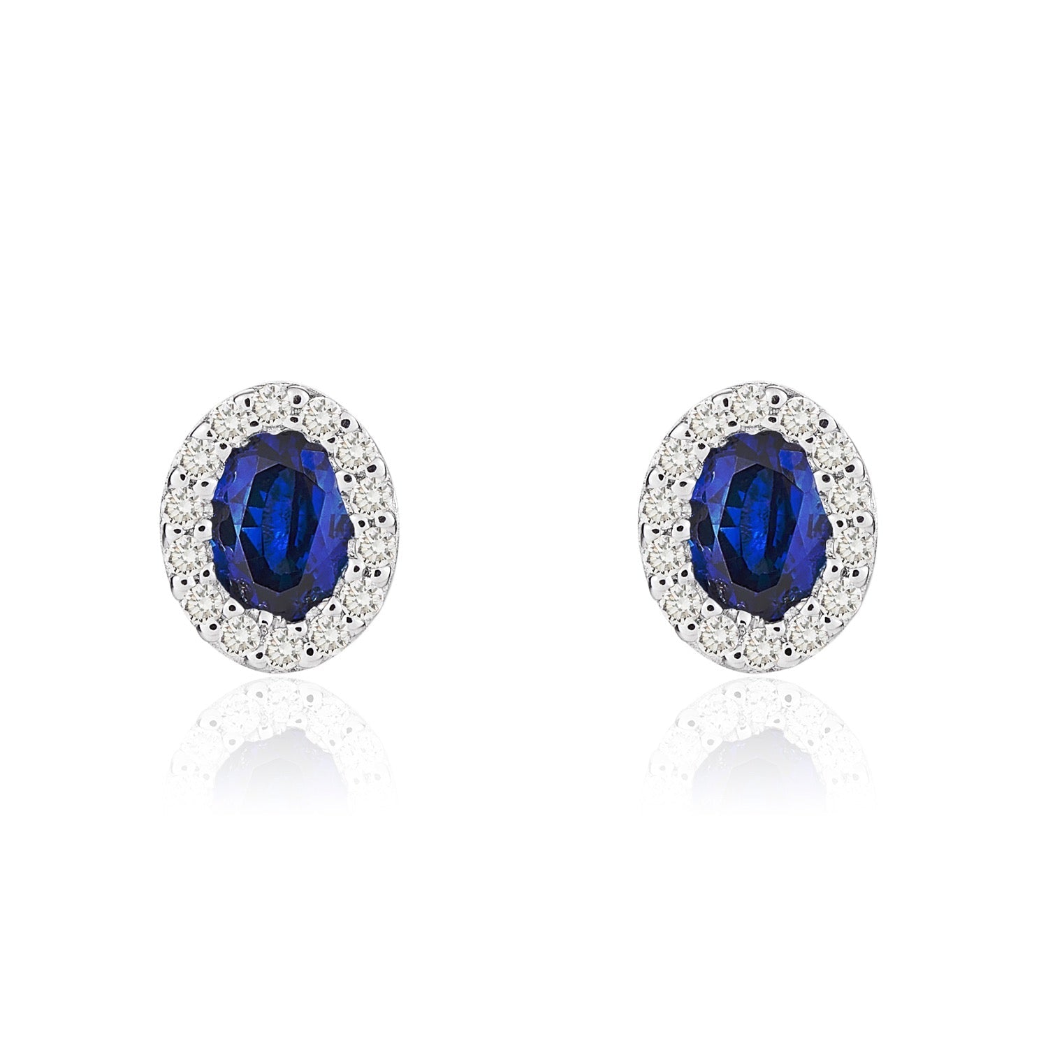18ct White Gold Oval Natural Sapphire And Diamond Microset Cluster Earrings — 4x3mm