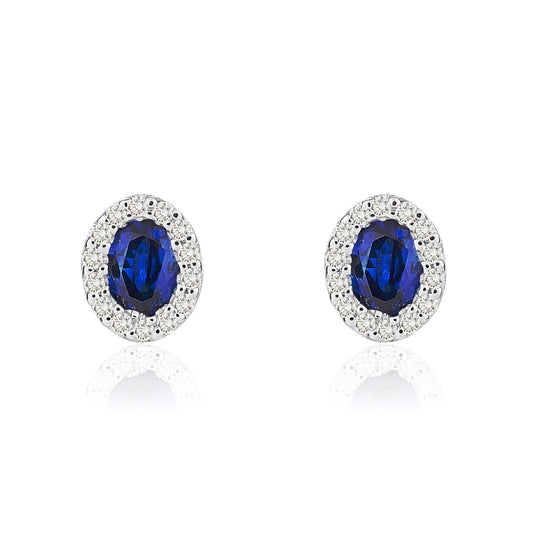 18ct White Gold Oval Natural Sapphire And Diamond Microset Cluster Earrings — 4x3mm