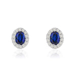 18ct White Gold Oval Natural Sapphire & Diamond Microset Cluster Stud Earrings — 4x3mm