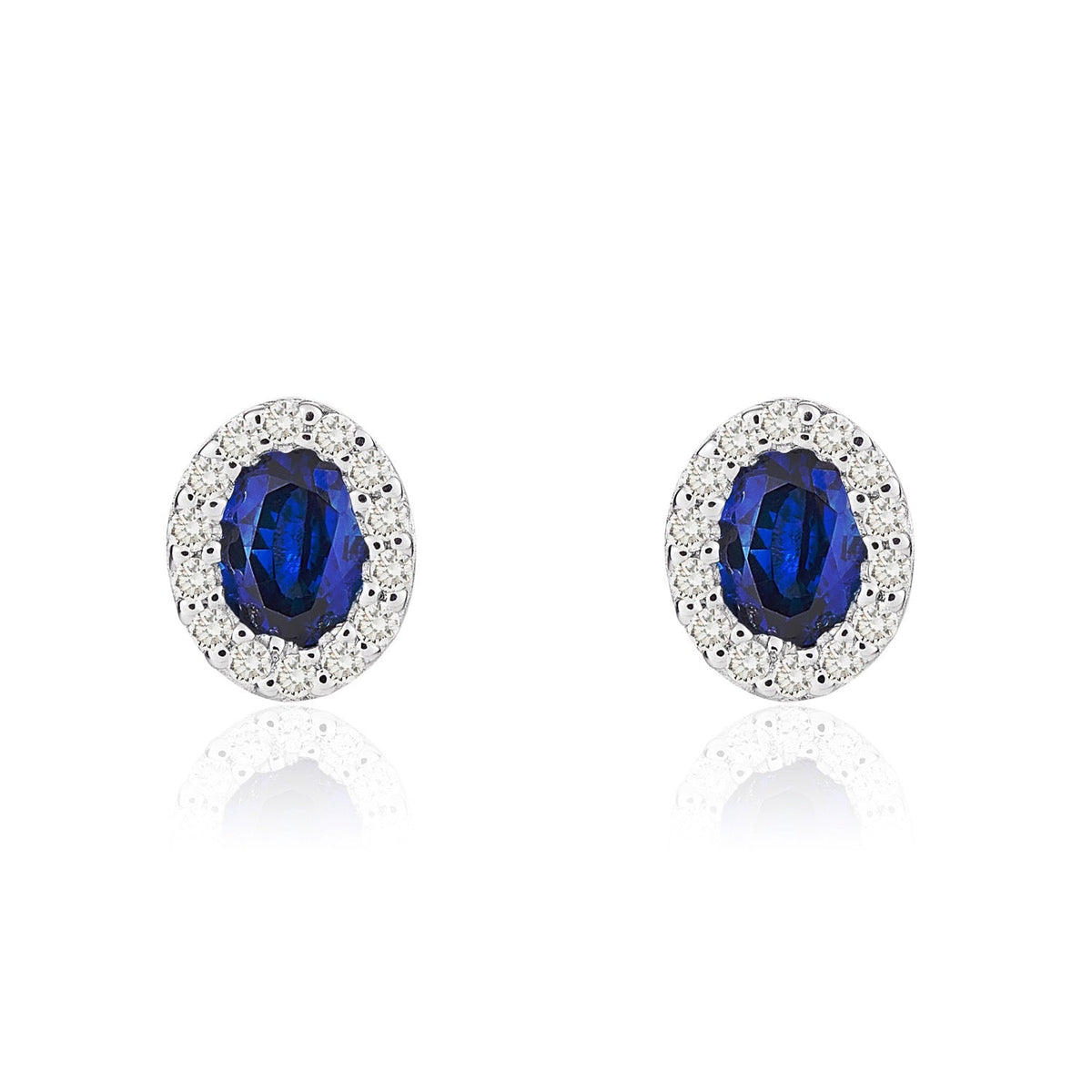 18ct White Gold Oval Natural Sapphire & Diamond Microset Cluster Stud Earrings — 4x3mm