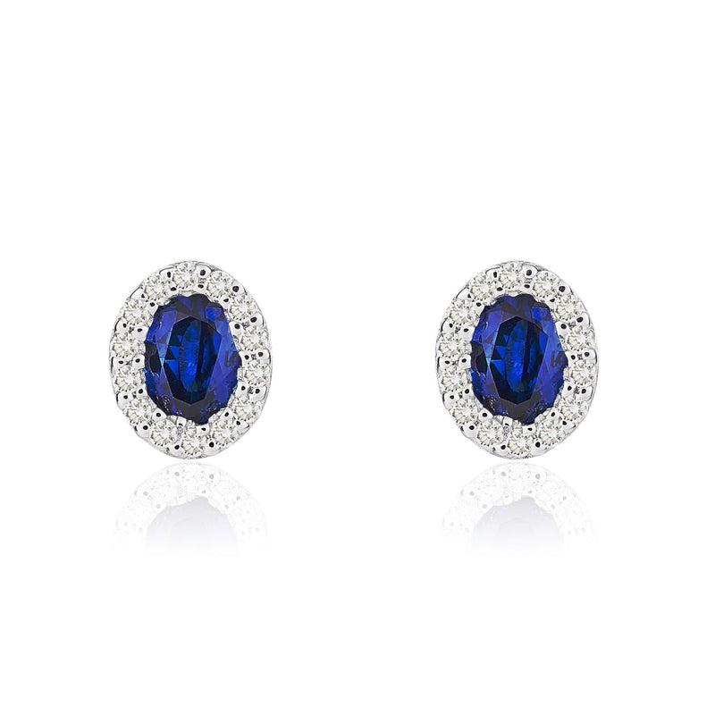 18ct White Gold Oval Natural Sapphire & Diamond Microset Cluster Stud Earrings — 4x3mm