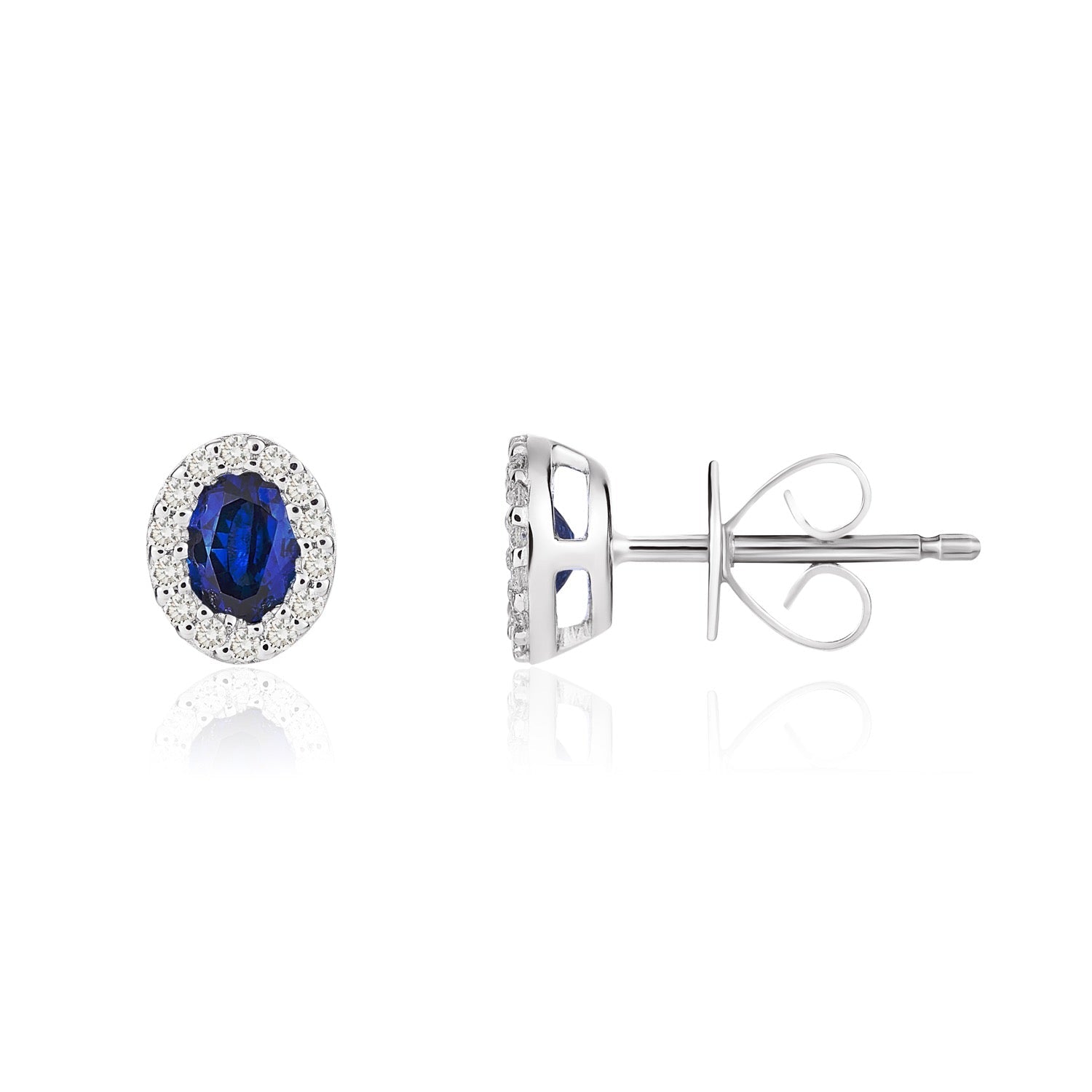 18ct White Gold Oval Natural Sapphire And Diamond Microset Cluster Earrings — 4x3mm