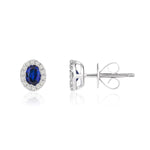 18ct White Gold Oval Natural Sapphire & Diamond Microset Cluster Stud Earrings — 4x3mm