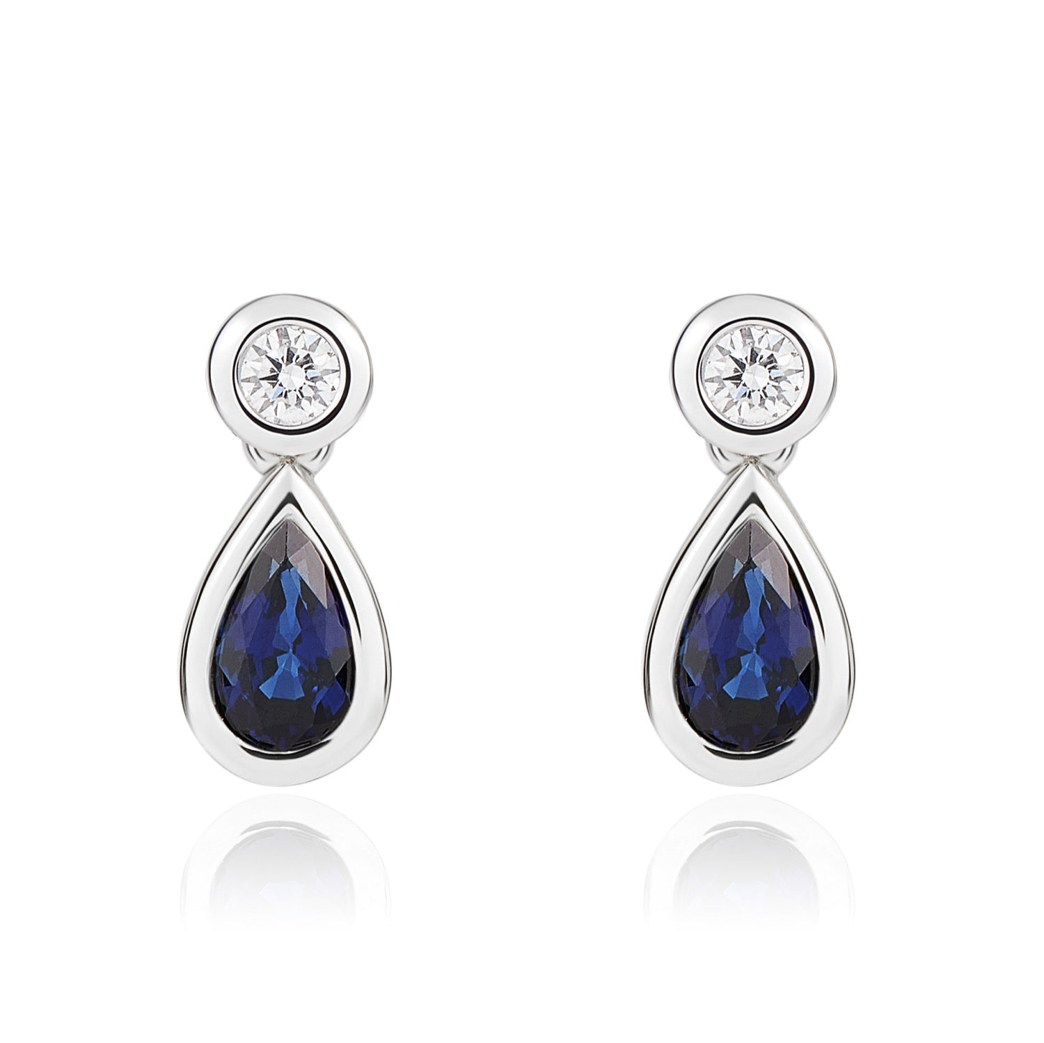 18ct White Gold Pear Shaped Natural Sapphire and Diamond Rubover 2 Stone Drop Earrings — 5x3mm