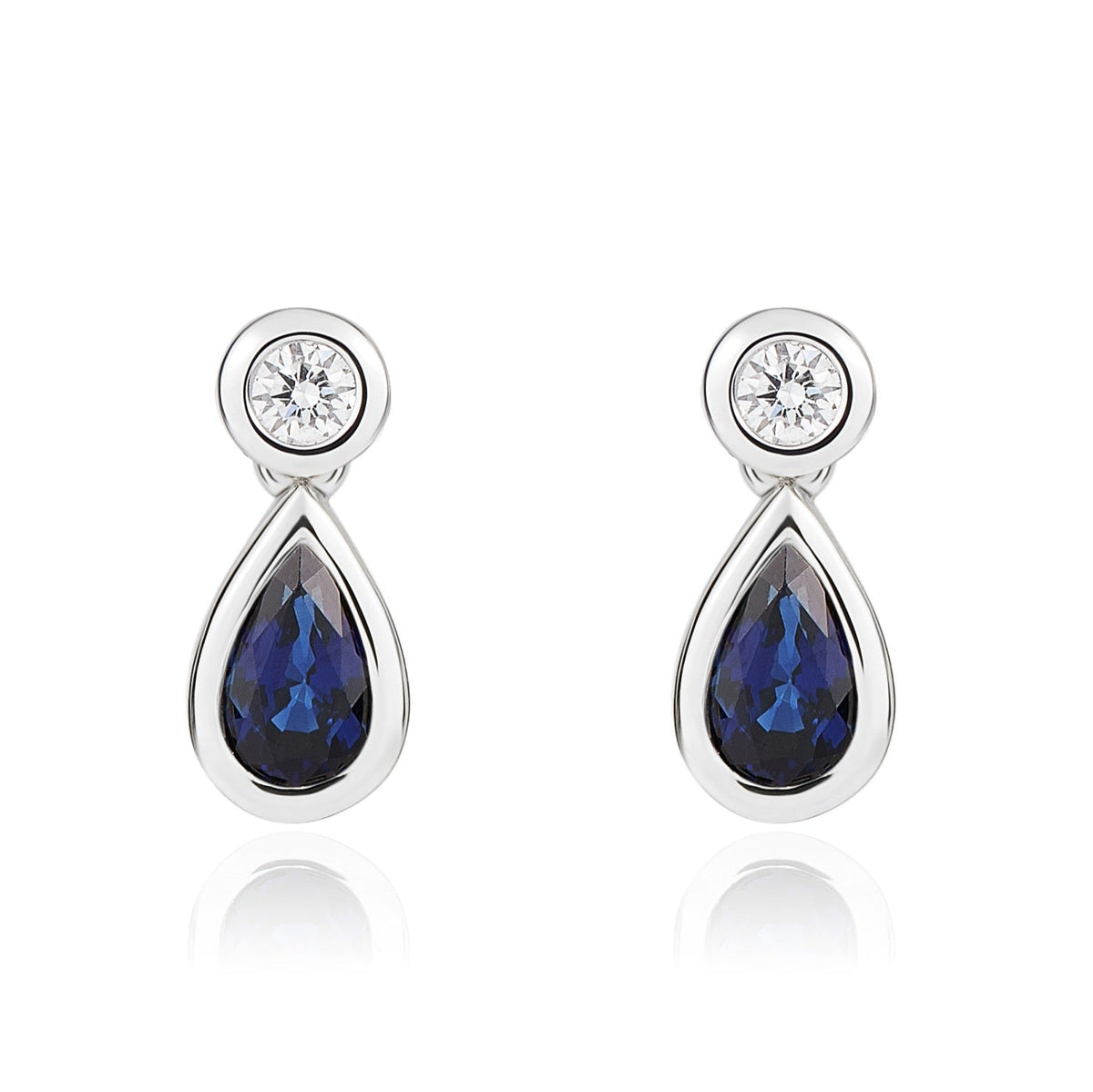 18ct White Gold Pear Shaped Natural Sapphire & Diamond Two Stone Rubover Drop Earrings — 5x3mm