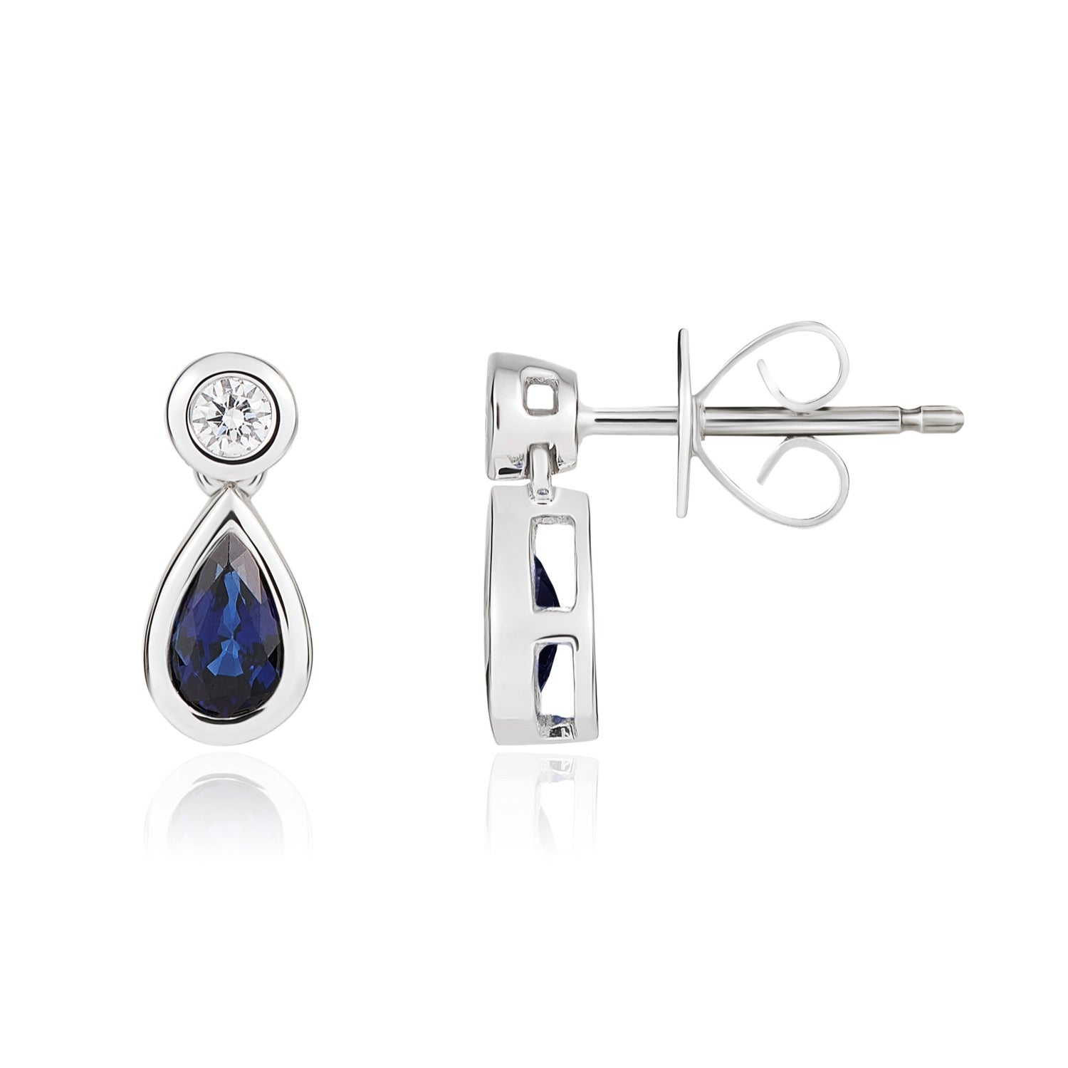 18ct White Gold Pear Shaped Natural Sapphire and Diamond Rubover 2 Stone Drop Earrings — 5x3mm