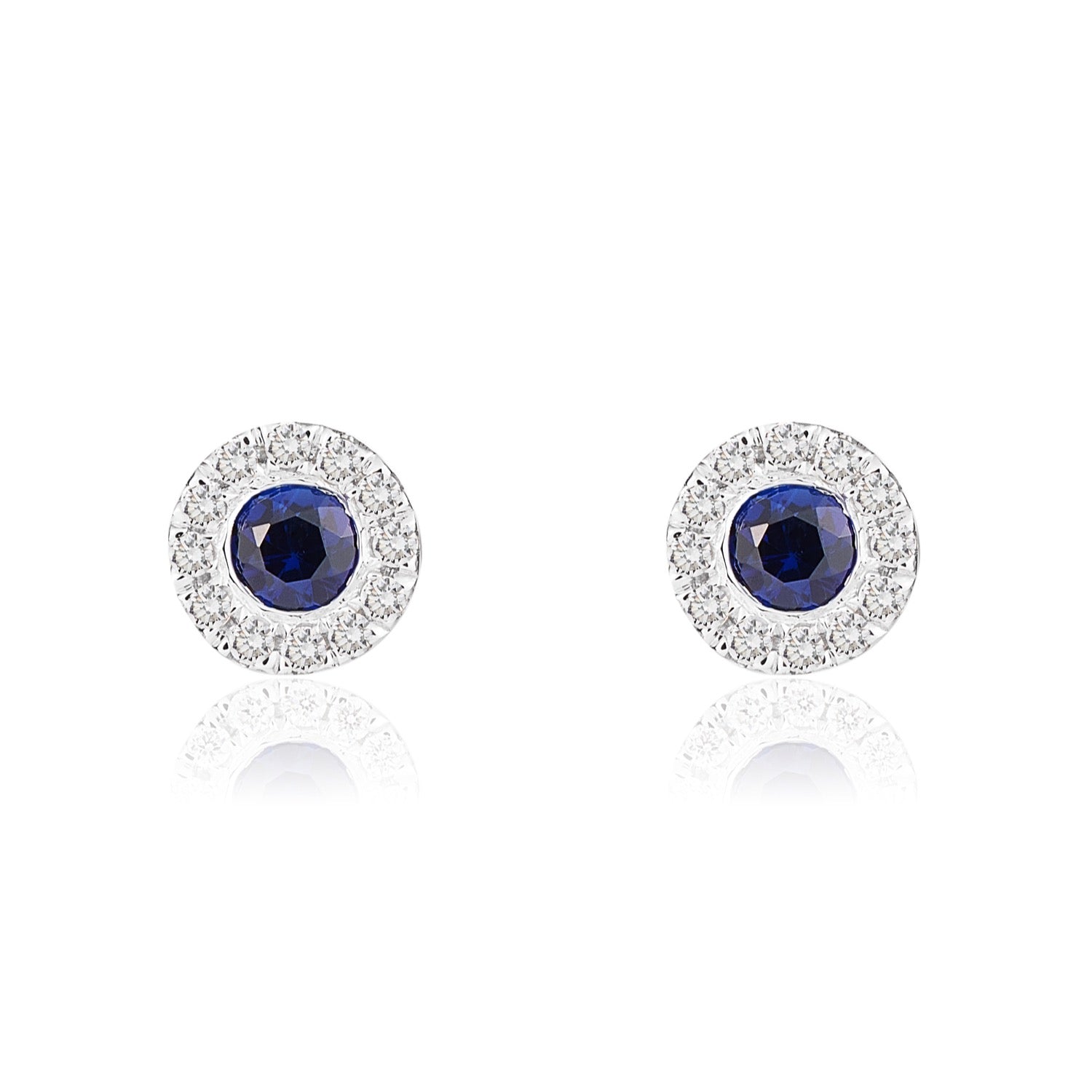18ct White Gold Round Natural Sapphire And Diamond Microset Cluster Earrings — 3mm