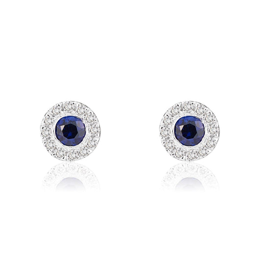 18ct White Gold Round Natural Sapphire And Diamond Microset Cluster Earrings