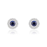18ct White Gold Round Natural Sapphire & Diamond Cluster Stud Earrings — 3mm