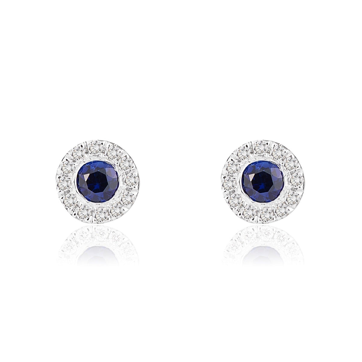 18ct White Gold Round Natural Sapphire & Diamond Cluster Stud Earrings — 3mm