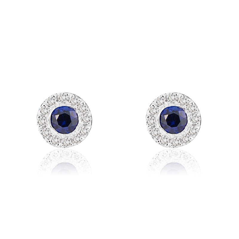 18ct White Gold Round Natural Sapphire & Diamond Cluster Stud Earrings — 3mm