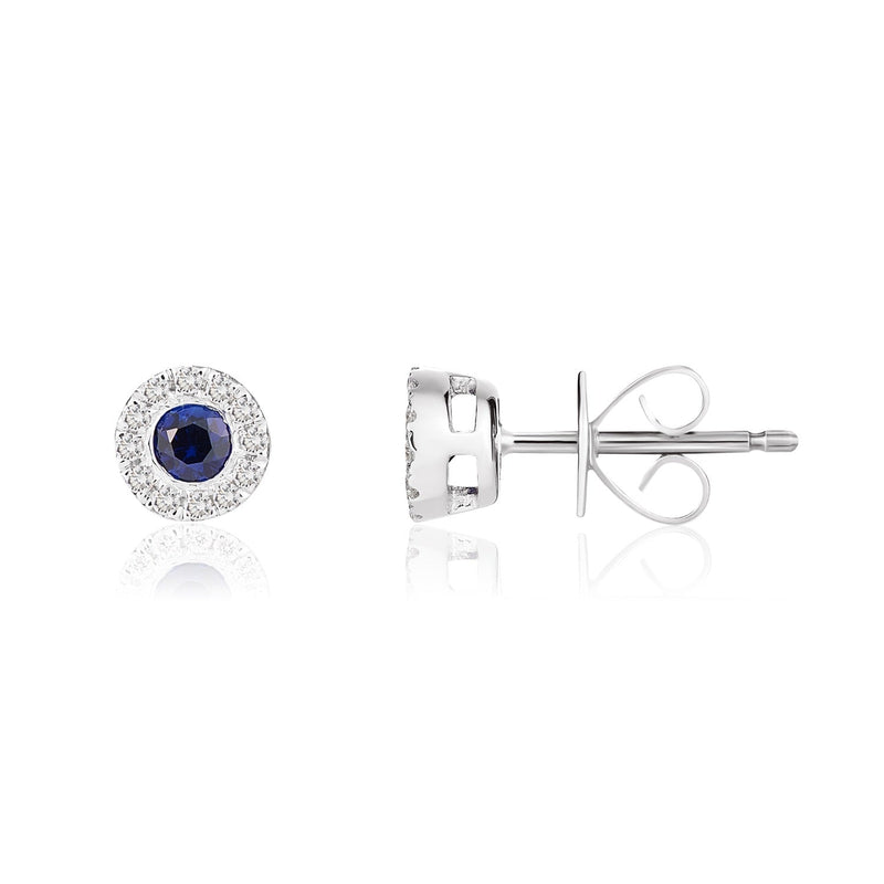 18ct White Gold Round Natural Sapphire & Diamond Cluster Stud Earrings — 3mm