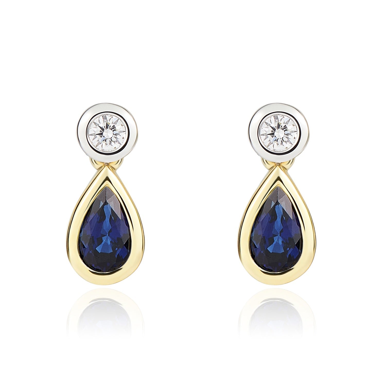 18ct Yellow And White Gold Pear Shaped Natural Sapphire and Diamond Rubover 2 Stone Drop Earrings — 5x3mm
