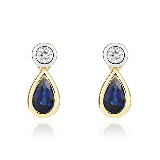 18ct Yellow And White Gold Pear Shaped Natural Sapphire and Diamond Rubover 2 Stone Drop Earrings — 5x3mm