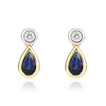 18ct Yellow and White Gold Pear Shaped Natural Sapphire & Diamond Two Stone Rubover Drop Earrings — 5x3mm
