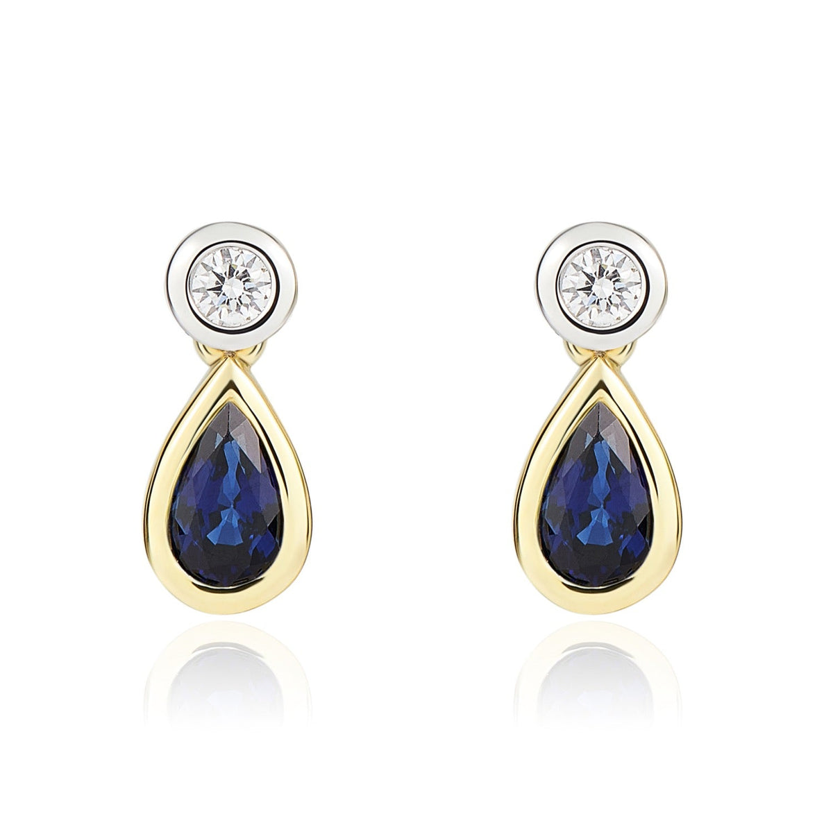 18ct Yellow and White Gold Pear Shaped Natural Sapphire & Diamond Two Stone Rubover Drop Earrings — 5x3mm