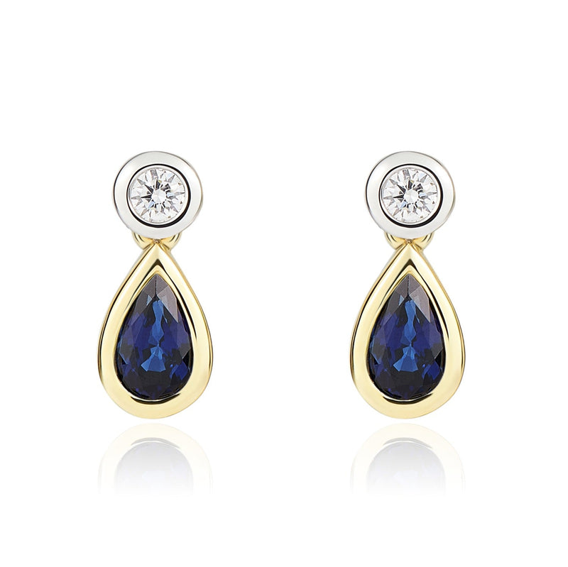 18ct Yellow and White Gold Pear Shaped Natural Sapphire & Diamond Two Stone Rubover Drop Earrings — 5x3mm