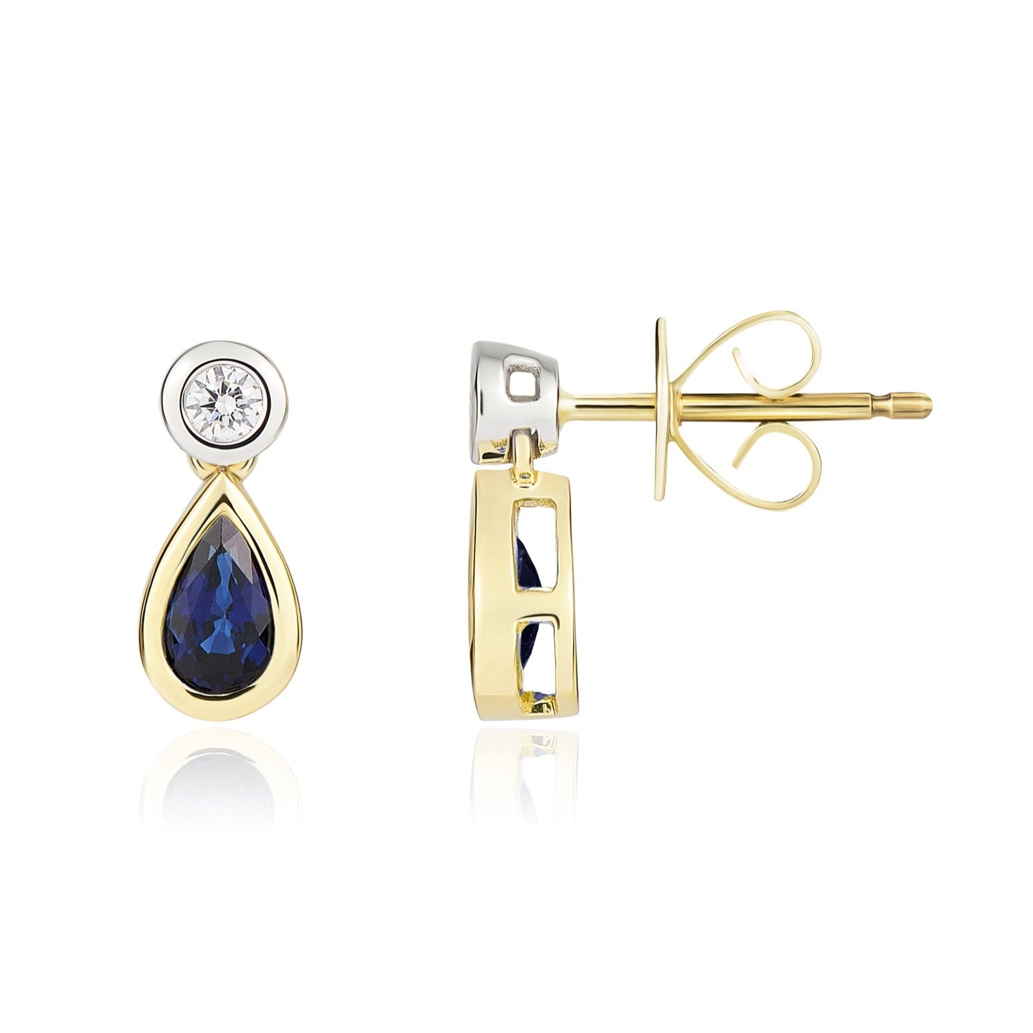 18ct Yellow And White Gold Pear Shaped Natural Sapphire and Diamond Rubover 2 Stone Drop Earrings — 5x3mm