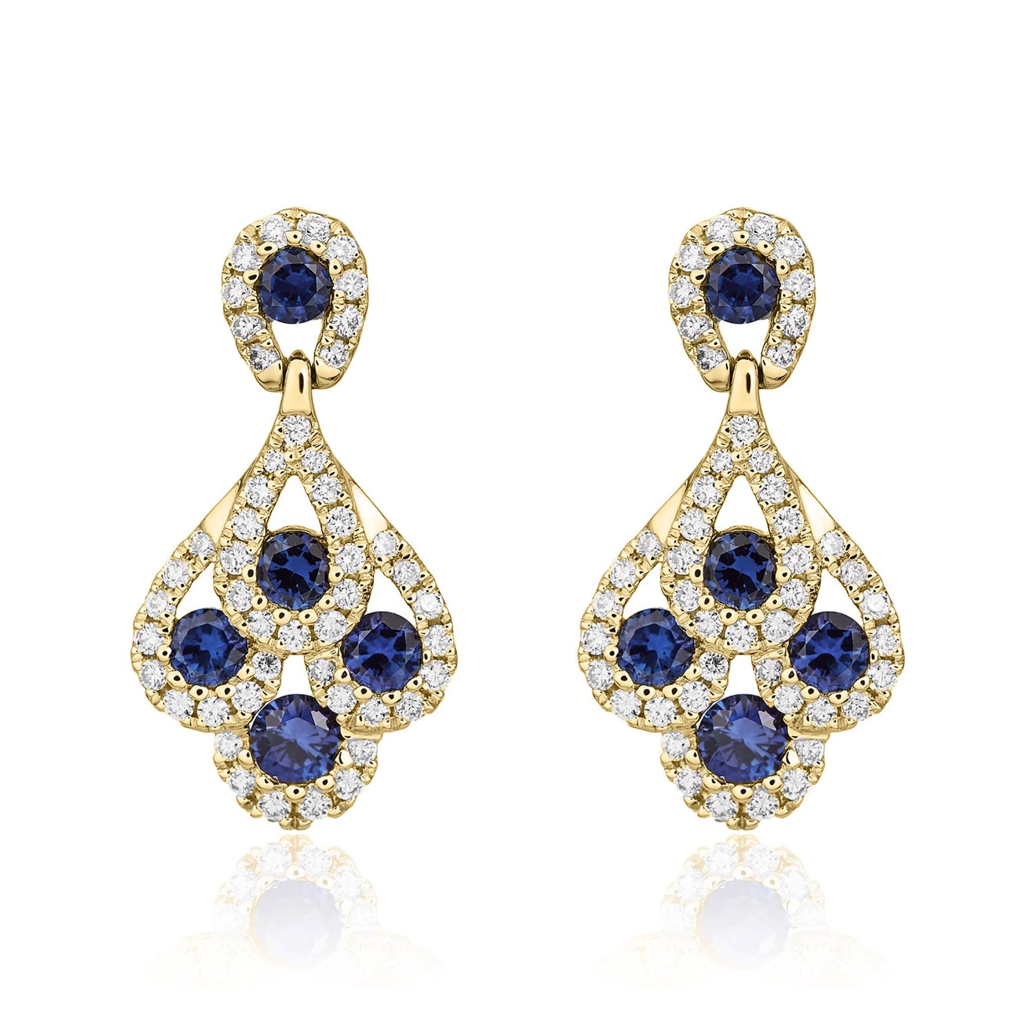 18ct Yellow Gold Natural Sapphire and Diamond Peacock Drop Earrings — 20mm