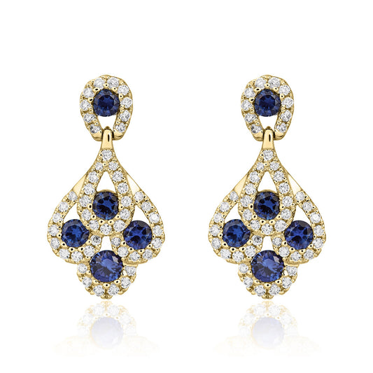 18ct Yellow Gold Natural Sapphire and Diamond Peacock Drop Earring