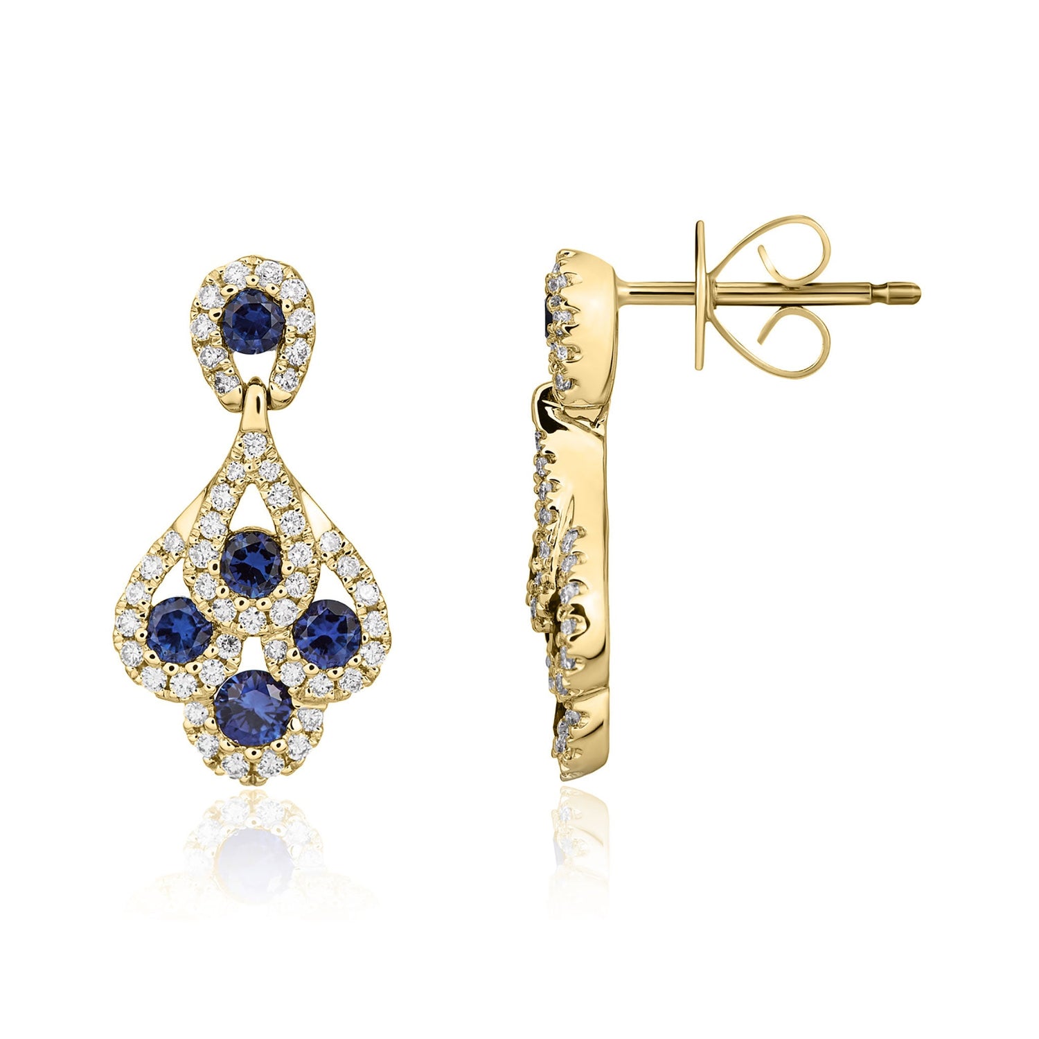 18ct Yellow Gold Natural Sapphire and Diamond Peacock Drop Earrings — 20mm