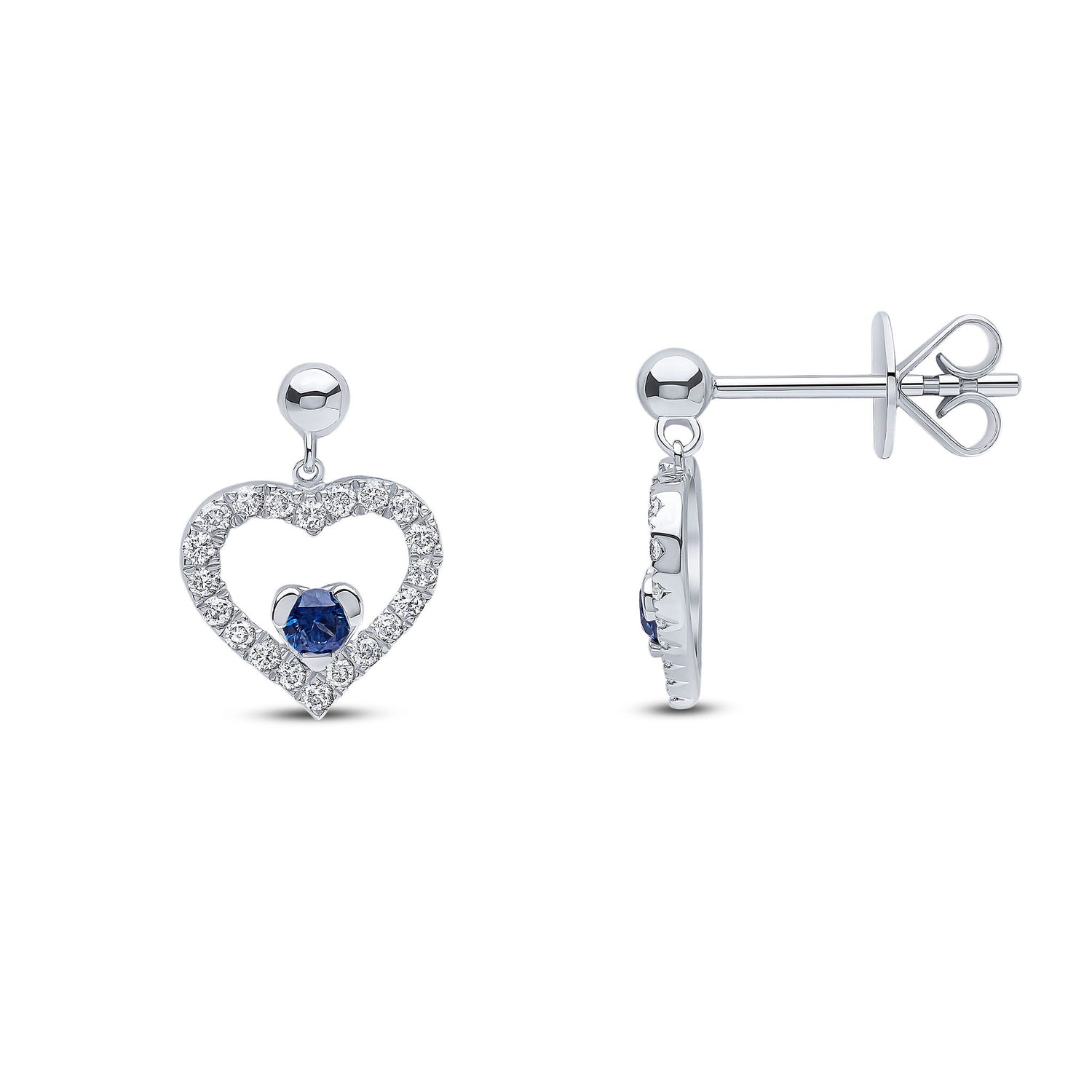 18ct White Gold Natural Sapphire and Diamond Heart Drop Earrings