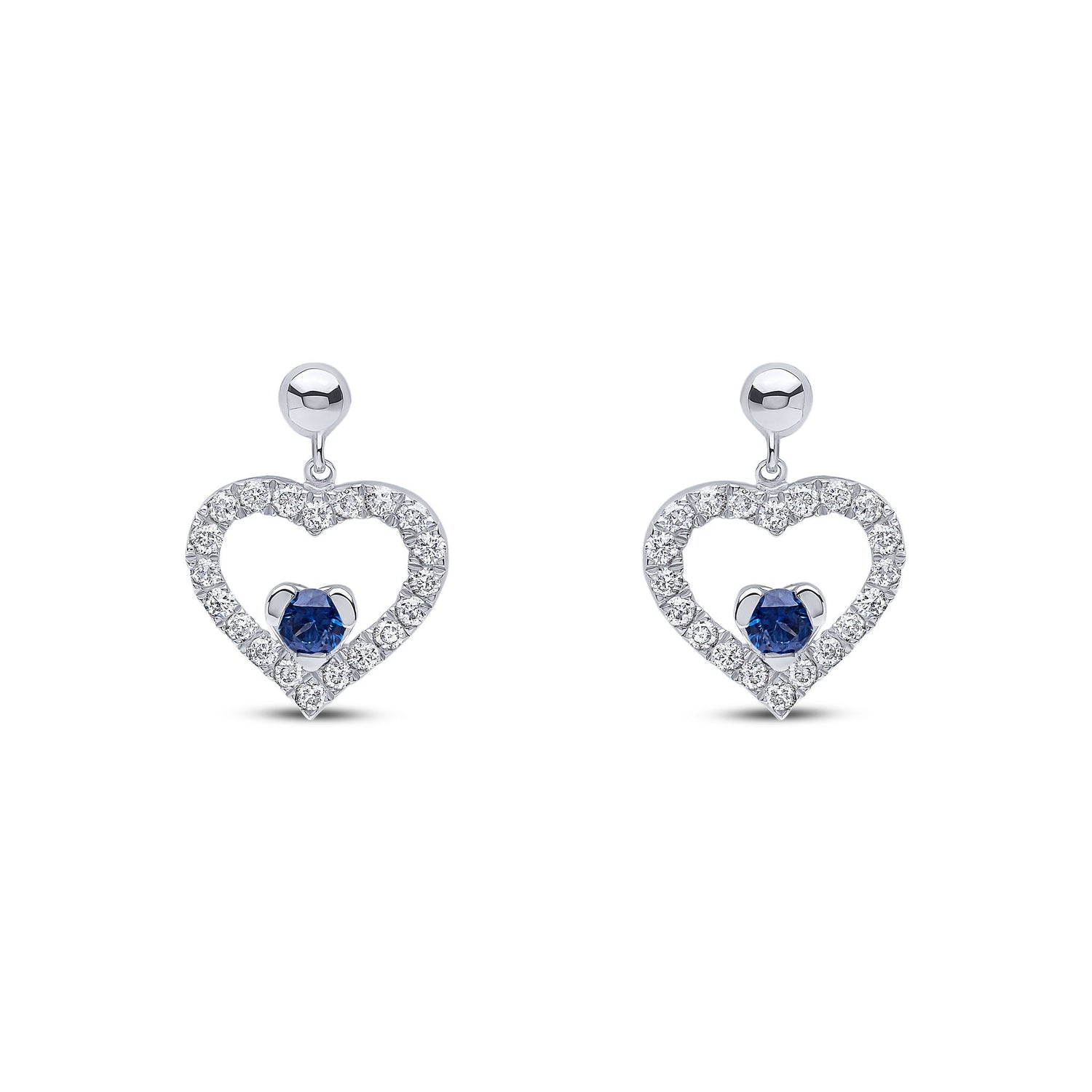 18ct White Gold Natural Sapphire and Diamond Heart Drop Earrings