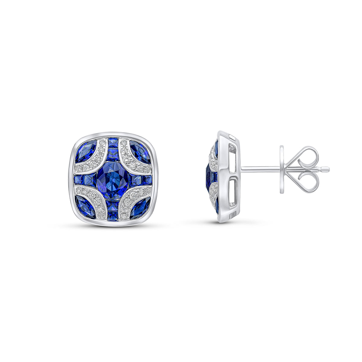 18ct White Gold Natural Sapphire & Diamond Shield Stud Earrings