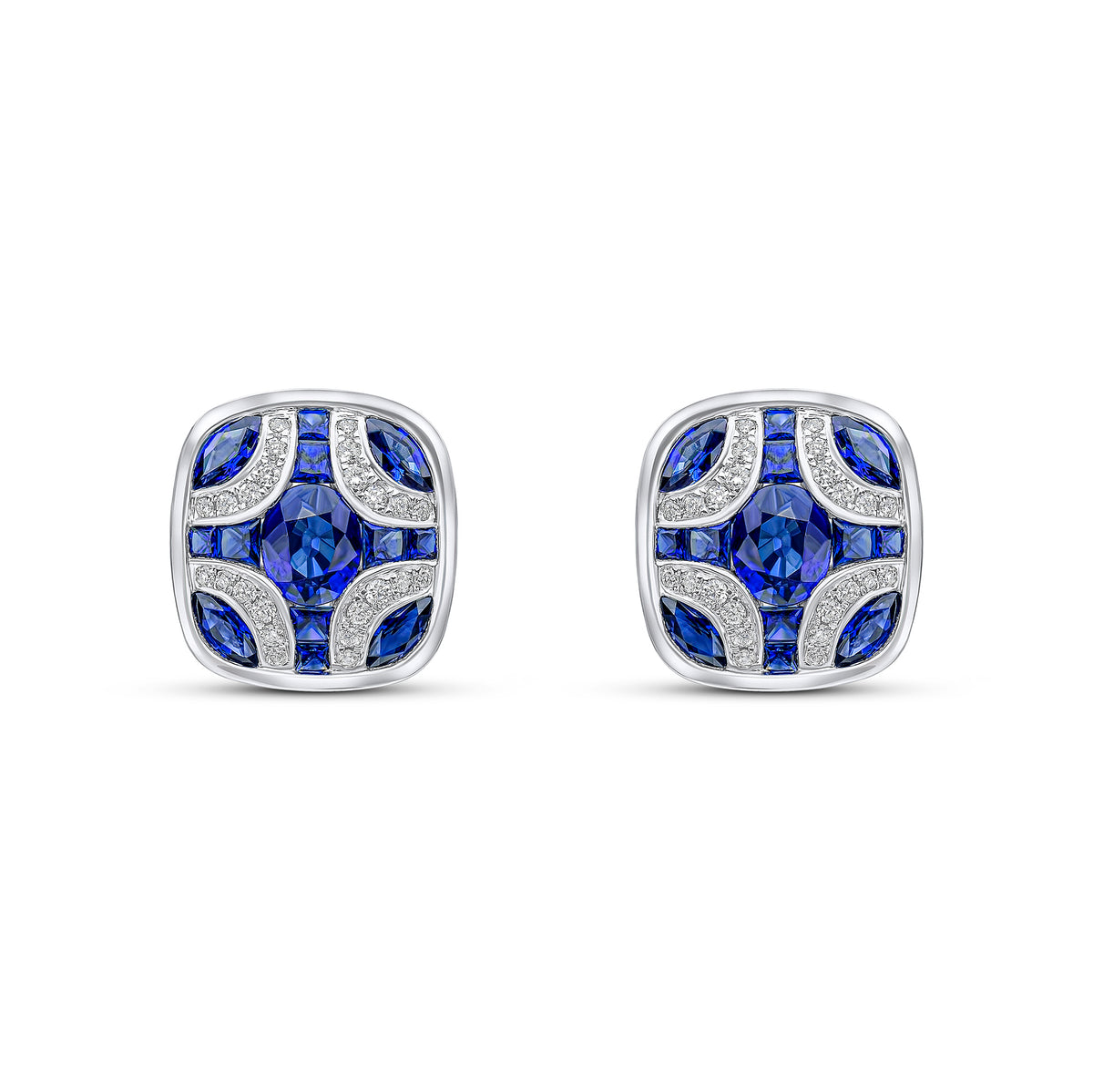 18ct White Gold Natural Sapphire & Diamond Shield Stud Earrings
