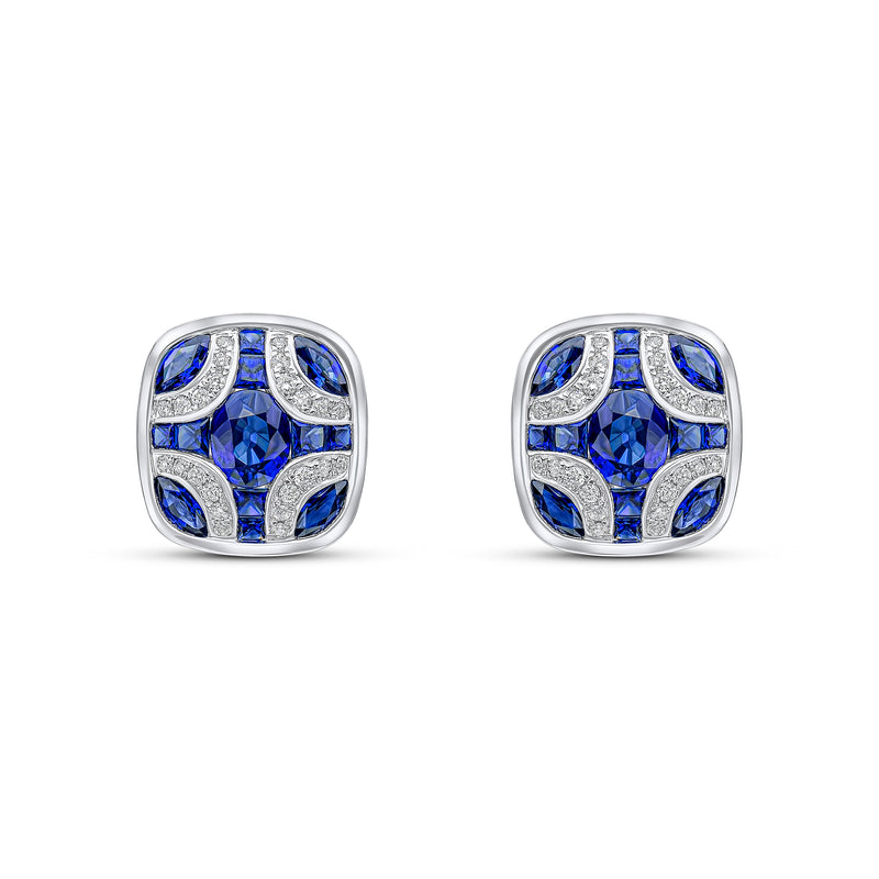 18ct White Gold Natural Sapphire & Diamond Shield Stud Earrings