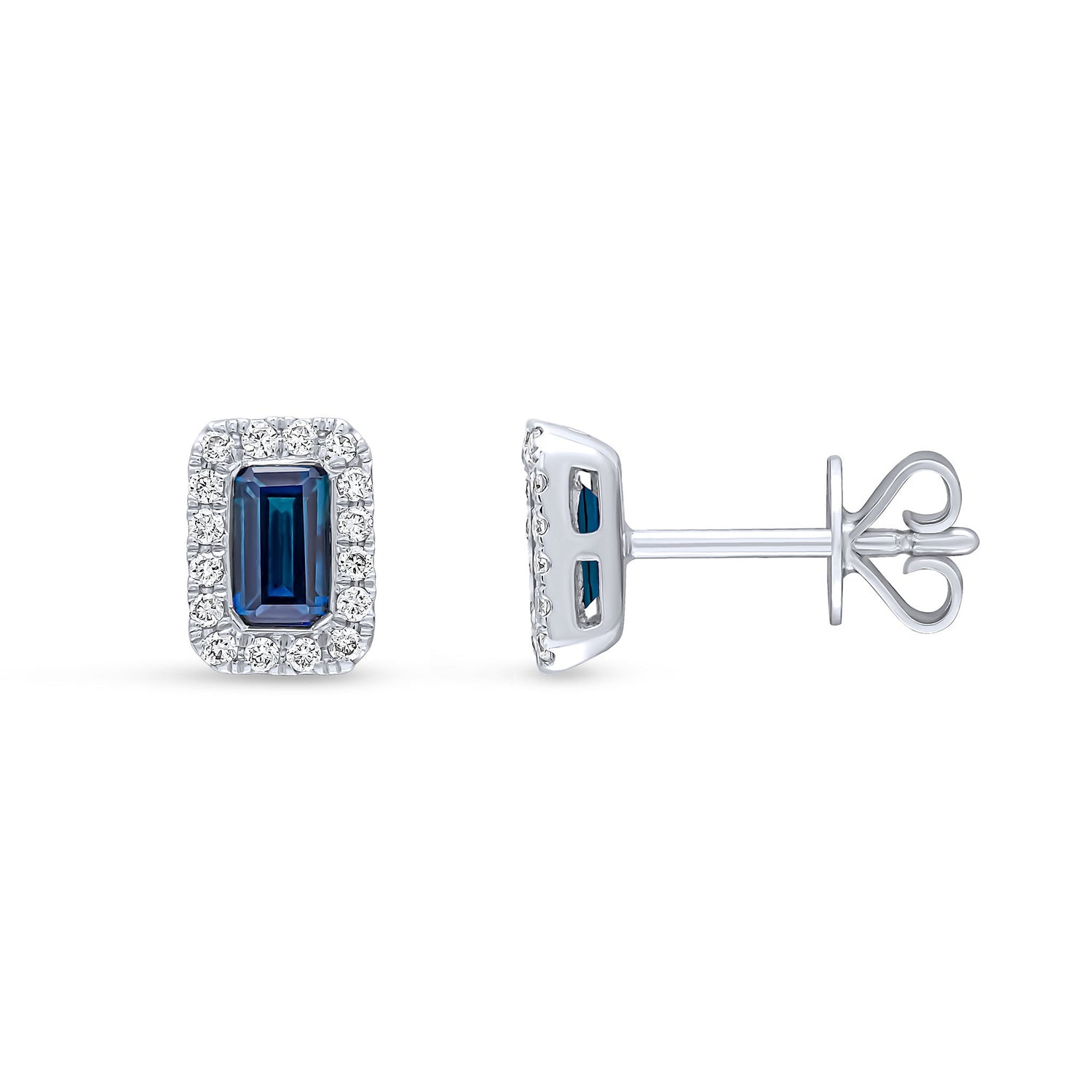 18ct White Gold Octagonal Emerald Cut Natural Sapphire and Diamond Cluster Earrings — 5x3mm