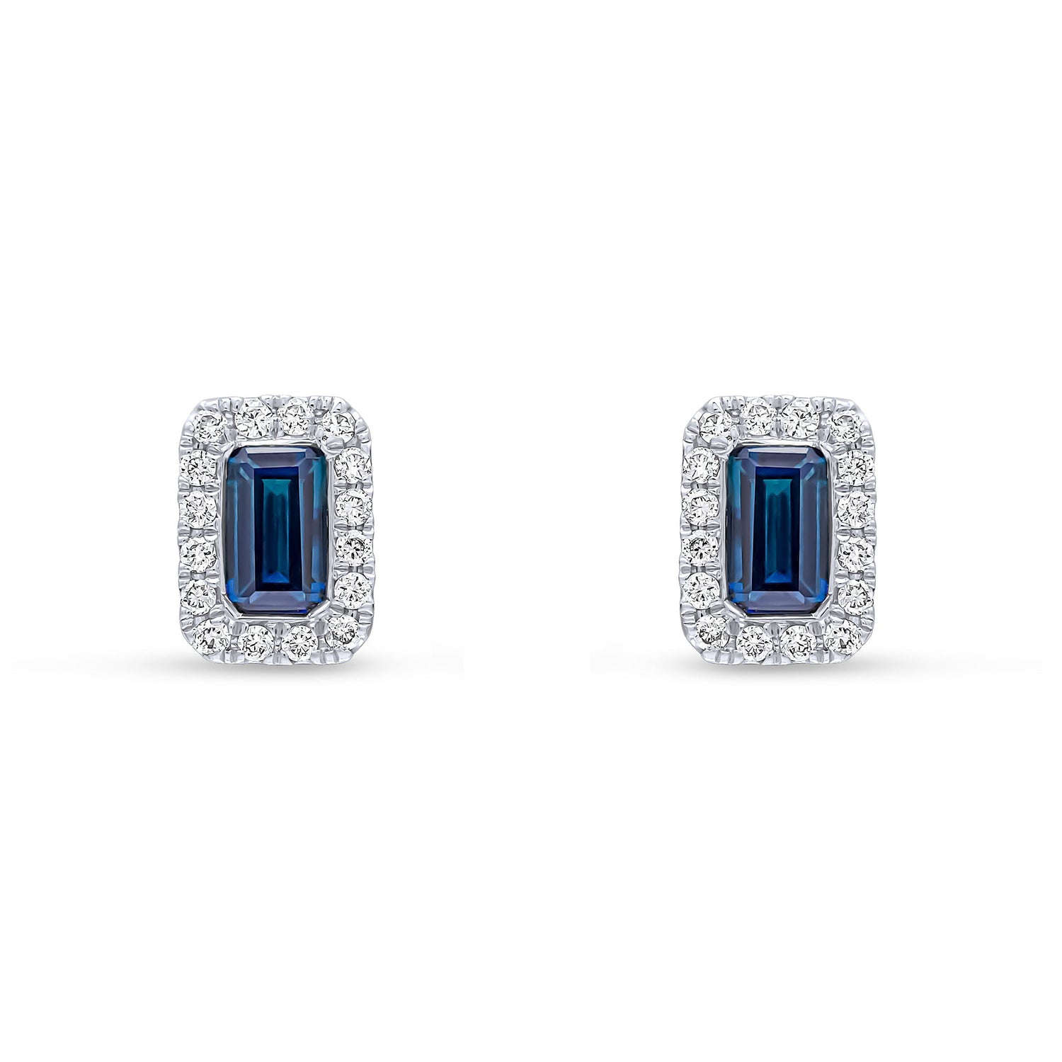 18ct White Gold Octagonal Emerald Cut Natural Sapphire and Diamond Cluster Earrings — 5x3mm