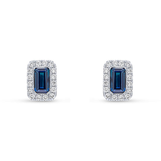18ct White Gold Octagonal Emerald Cut Natural Sapphire and Diamond Cluster Earrings — 5x3mm