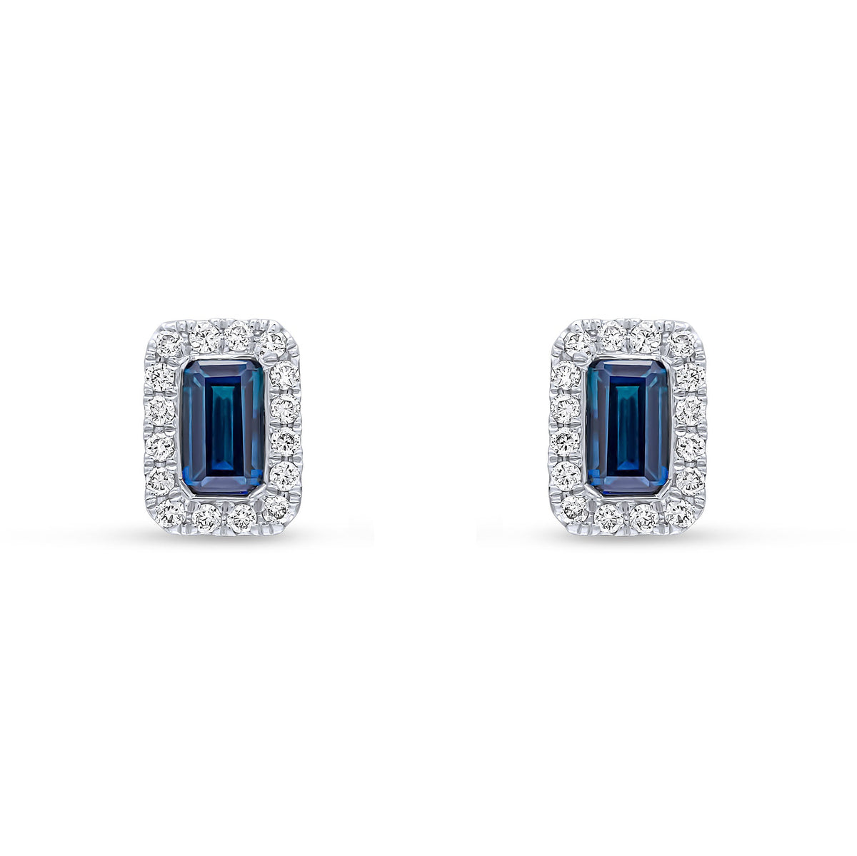 18ct White Gold Octagonal Natural Sapphire & Diamond Cluster Stud Earrings — 5x3mm
