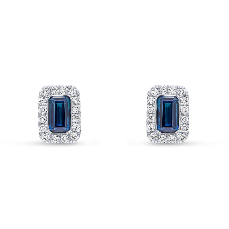 18ct White Gold Octagonal Natural Sapphire & Diamond Cluster Stud Earrings — 5x3mm