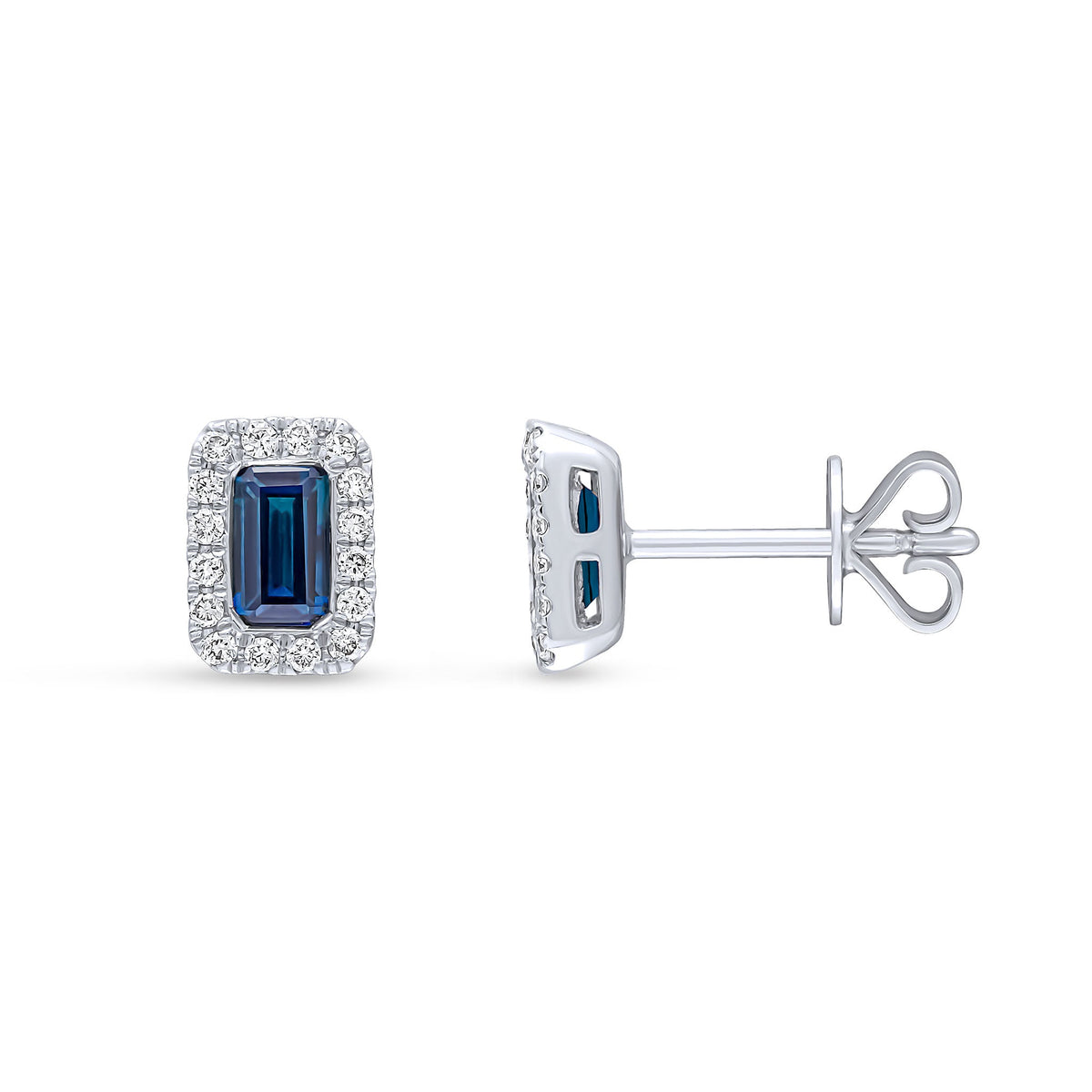 18ct White Gold Octagonal Natural Sapphire & Diamond Cluster Stud Earrings — 5x3mm