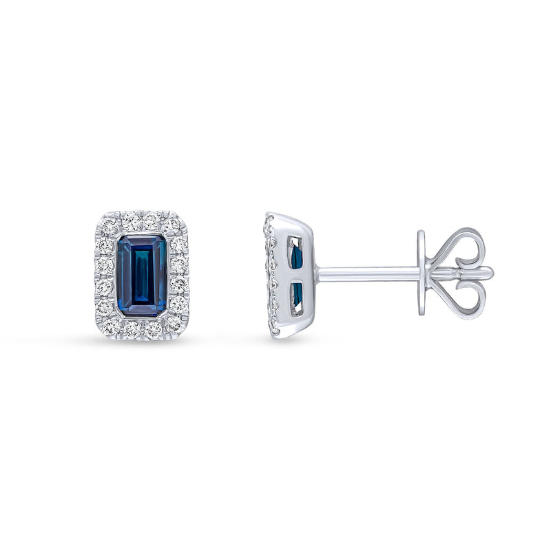 18ct White Gold Octagonal Natural Sapphire & Diamond Cluster Stud Earrings — 5x3mm
