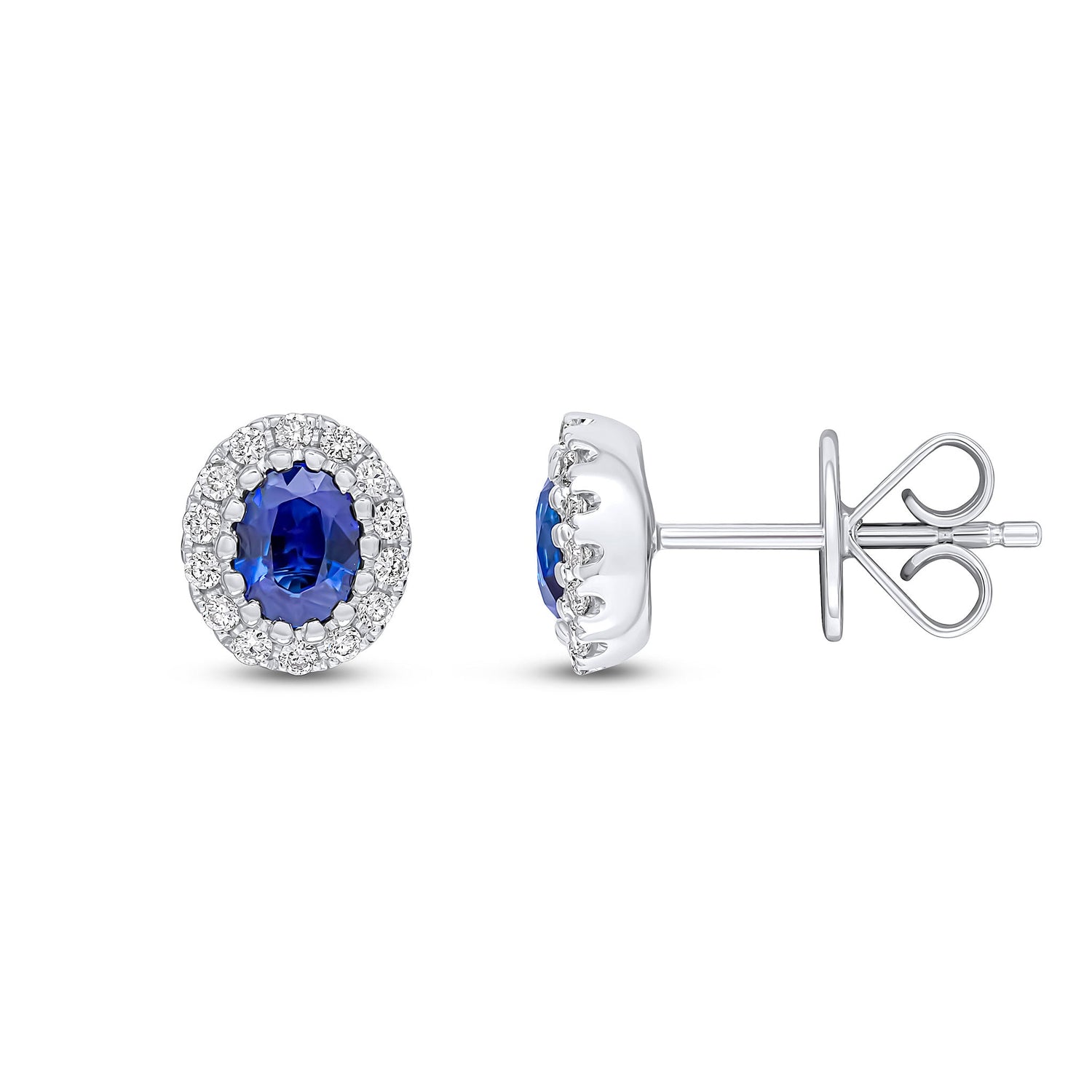 18ct White Gold Oval Natural Sapphire and Diamond Cluster Earrings — 5x4mm