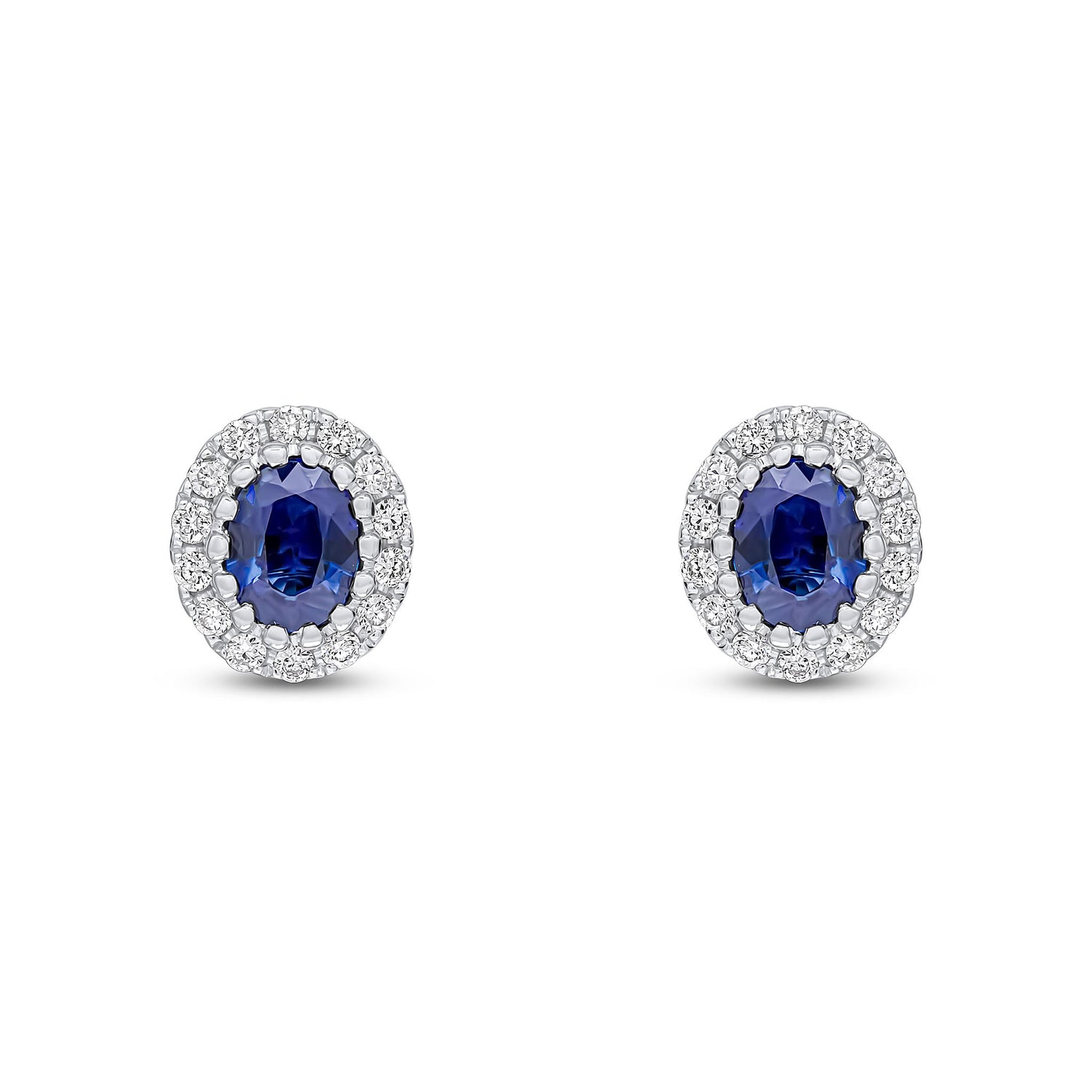 18ct White Gold Oval Natural Sapphire and Diamond Cluster Earrings — 5x4mm