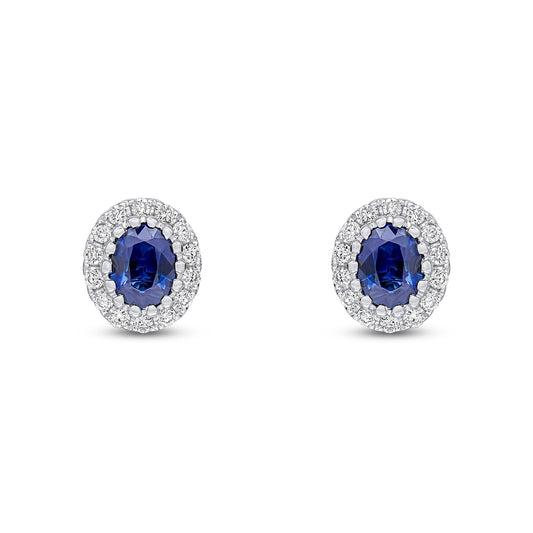 18ct White Gold Oval Natural Sapphire and Diamond Cluster Earrings — 5x4mm