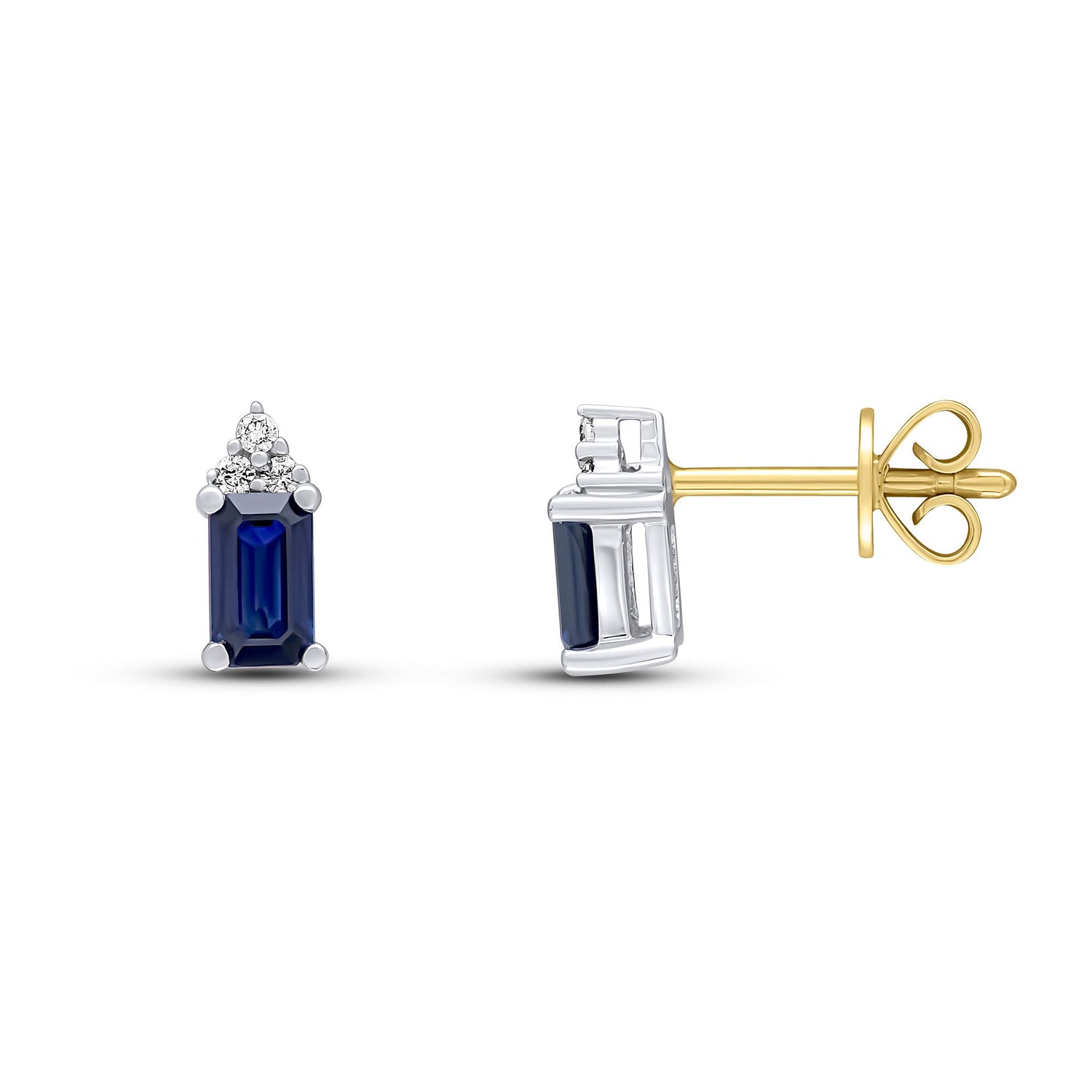 18ct Yellow and White Gold Octagonal Emerald Cut Natural Sapphire and Diamond Trefoil Earrings — 5x3mm