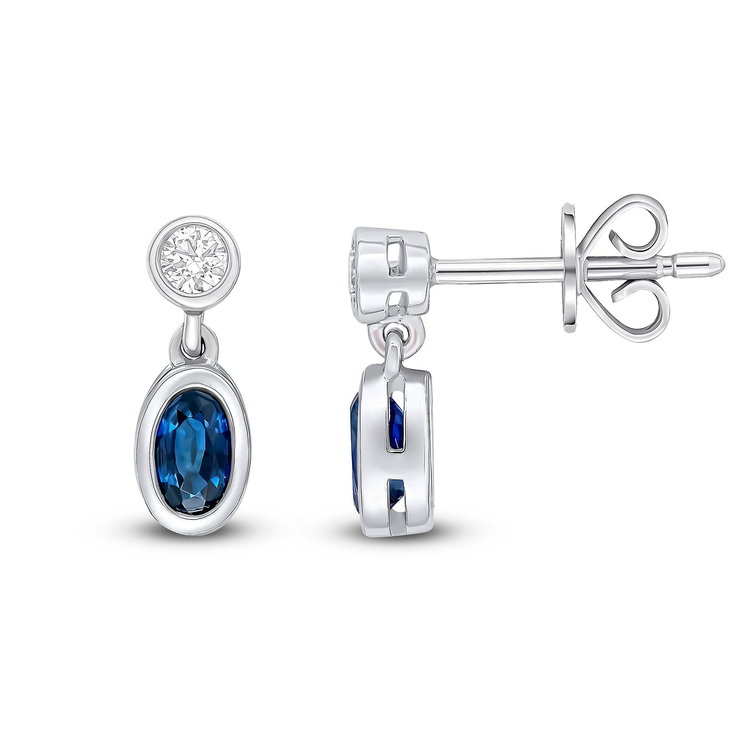 18ct White Gold Oval Natural Sapphire and Round Diamond Two Stone Earrings — 5x3mm