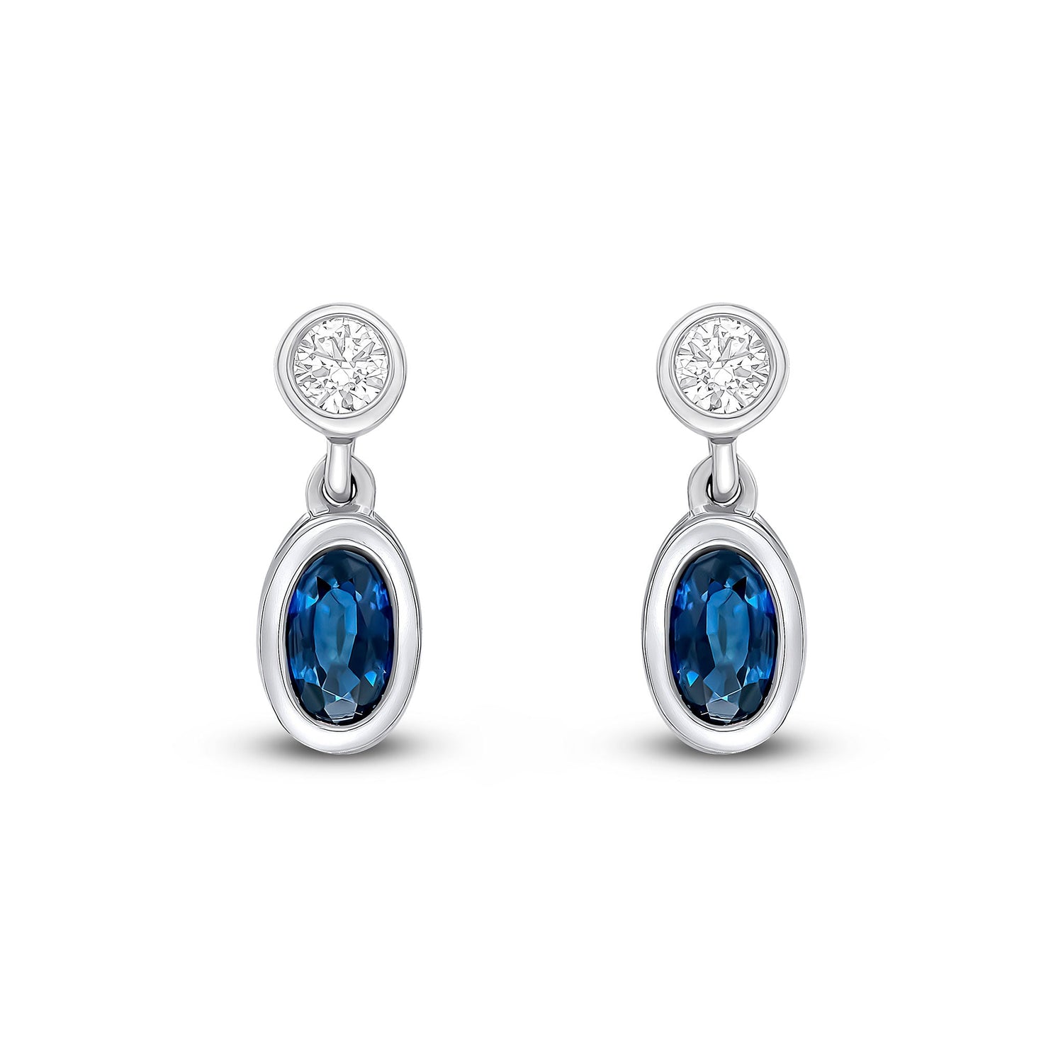 18ct White Gold Oval Natural Sapphire and Round Diamond Two Stone Earrings — 5x3mm