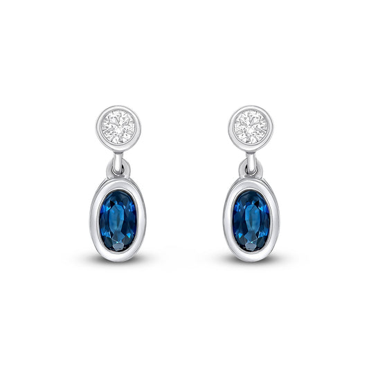 18ct White Gold Oval Natural Sapphire and Round Diamond Two Stone Earrings — 5x3mm